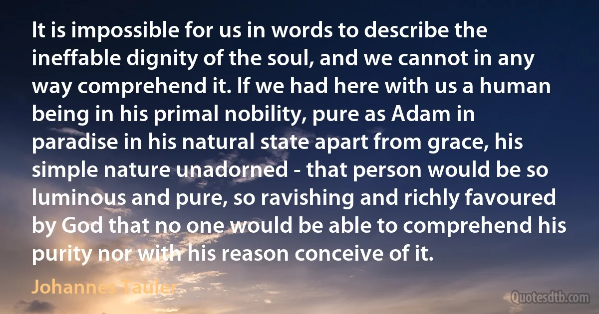 It is impossible for us in words to describe the ineffable dignity of the soul, and we cannot in any way comprehend it. If we had here with us a human being in his primal nobility, pure as Adam in paradise in his natural state apart from grace, his simple nature unadorned - that person would be so luminous and pure, so ravishing and richly favoured by God that no one would be able to comprehend his purity nor with his reason conceive of it. (Johannes Tauler)