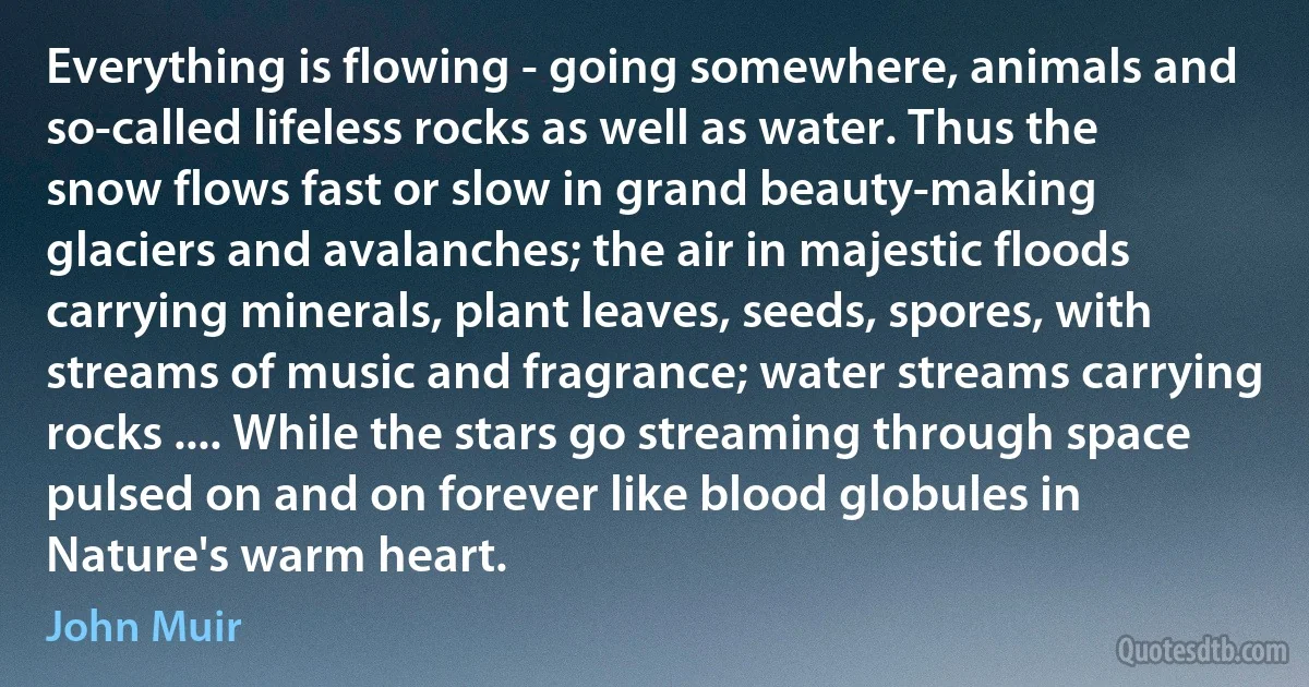 Everything is flowing - going somewhere, animals and so-called lifeless rocks as well as water. Thus the snow flows fast or slow in grand beauty-making glaciers and avalanches; the air in majestic floods carrying minerals, plant leaves, seeds, spores, with streams of music and fragrance; water streams carrying rocks .... While the stars go streaming through space pulsed on and on forever like blood globules in Nature's warm heart. (John Muir)