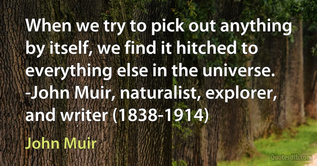 When we try to pick out anything by itself, we find it hitched to everything else in the universe. -John Muir, naturalist, explorer, and writer (1838-1914) (John Muir)