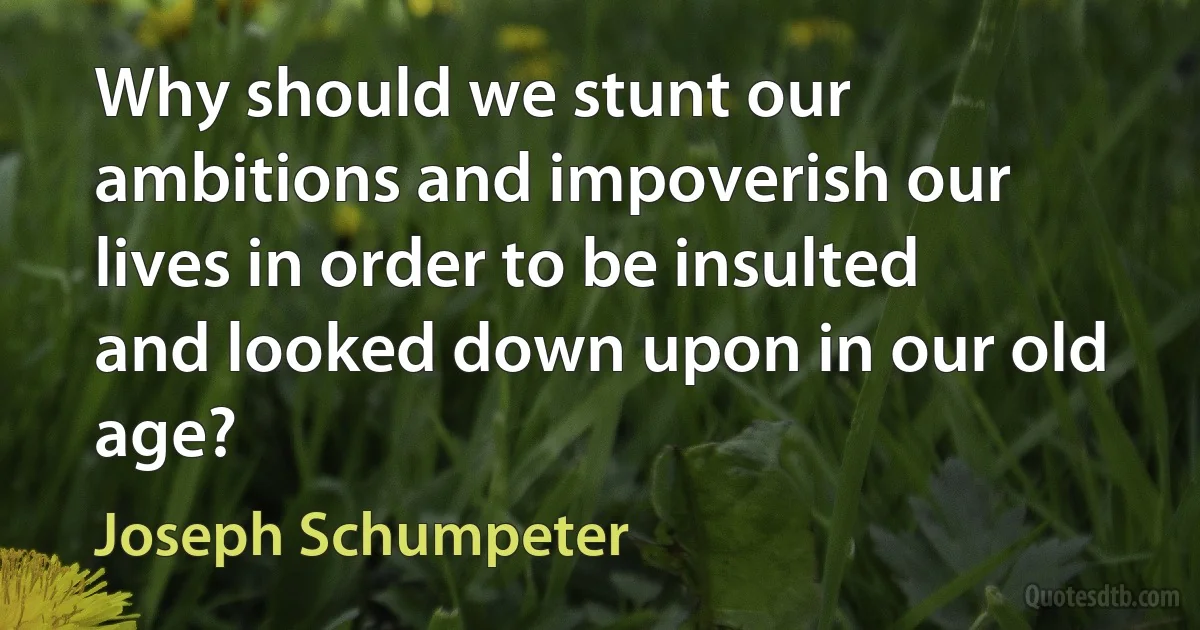 Why should we stunt our ambitions and impoverish our lives in order to be insulted and looked down upon in our old age? (Joseph Schumpeter)