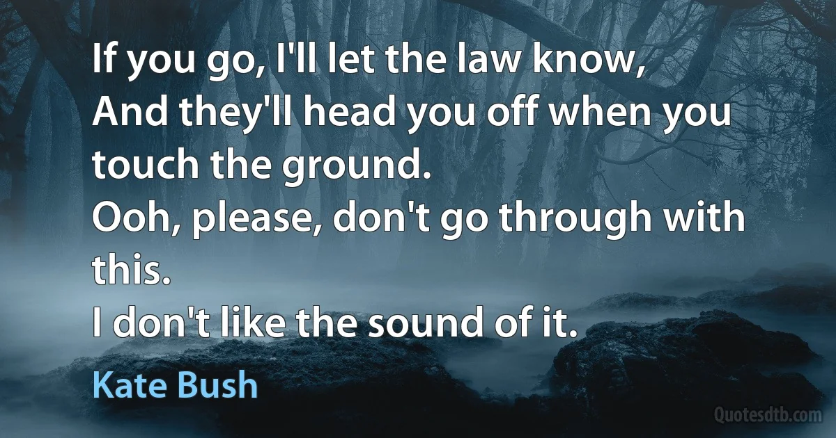 If you go, I'll let the law know,
And they'll head you off when you touch the ground.
Ooh, please, don't go through with this.
I don't like the sound of it. (Kate Bush)