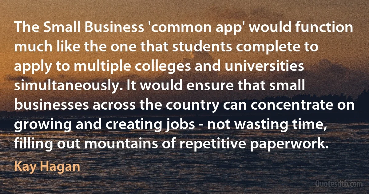 The Small Business 'common app' would function much like the one that students complete to apply to multiple colleges and universities simultaneously. It would ensure that small businesses across the country can concentrate on growing and creating jobs - not wasting time, filling out mountains of repetitive paperwork. (Kay Hagan)