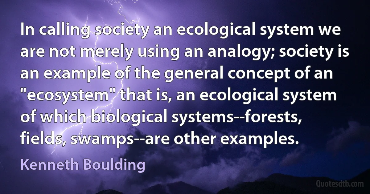 In calling society an ecological system we are not merely using an analogy; society is an example of the general concept of an "ecosystem" that is, an ecological system of which biological systems--forests, fields, swamps--are other examples. (Kenneth Boulding)