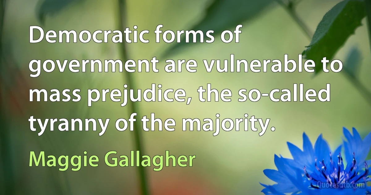 Democratic forms of government are vulnerable to mass prejudice, the so-called tyranny of the majority. (Maggie Gallagher)