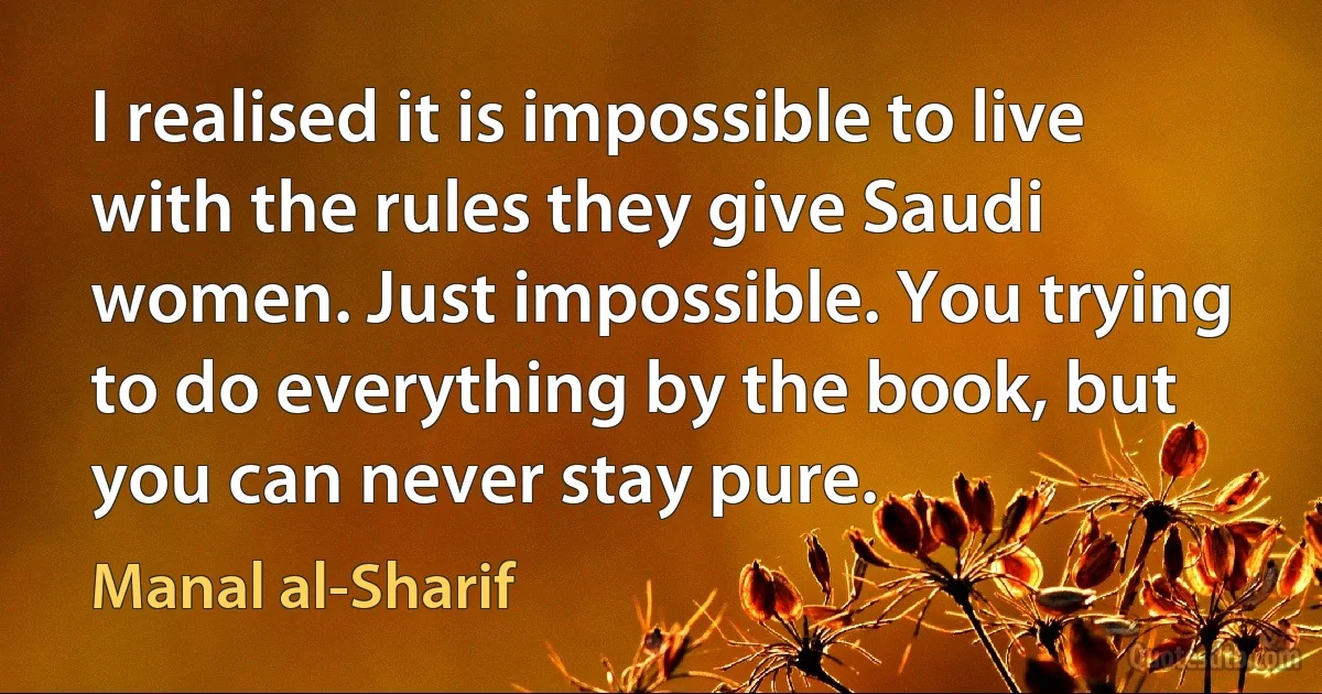 I realised it is impossible to live with the rules they give Saudi women. Just impossible. You trying to do everything by the book, but you can never stay pure. (Manal al-Sharif)