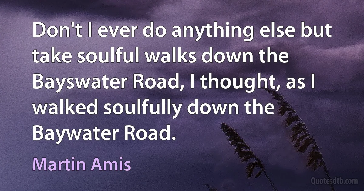 Don't I ever do anything else but take soulful walks down the Bayswater Road, I thought, as I walked soulfully down the Baywater Road. (Martin Amis)