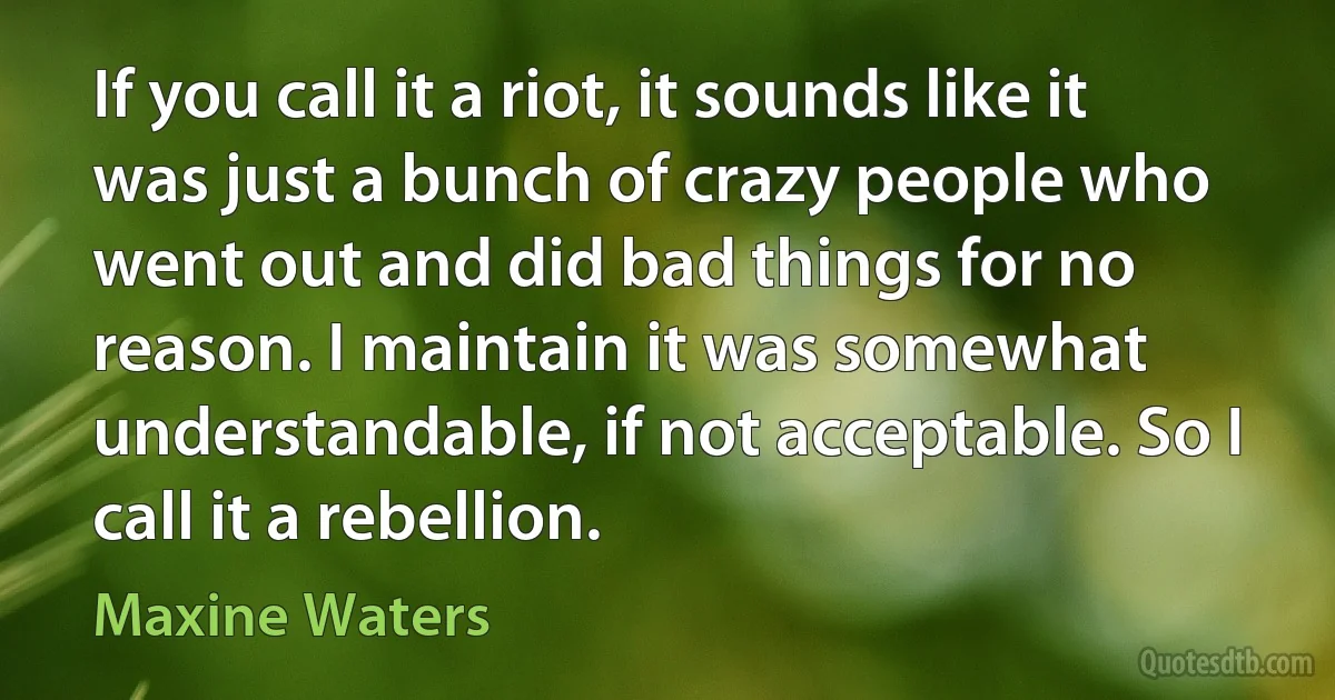 If you call it a riot, it sounds like it was just a bunch of crazy people who went out and did bad things for no reason. I maintain it was somewhat understandable, if not acceptable. So I call it a rebellion. (Maxine Waters)