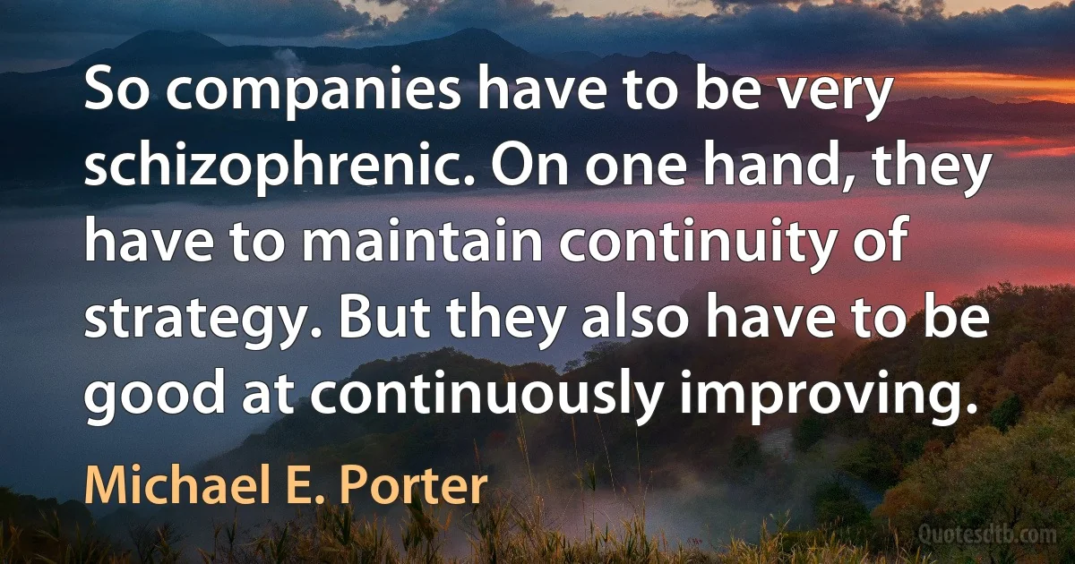 So companies have to be very schizophrenic. On one hand, they have to maintain continuity of strategy. But they also have to be good at continuously improving. (Michael E. Porter)