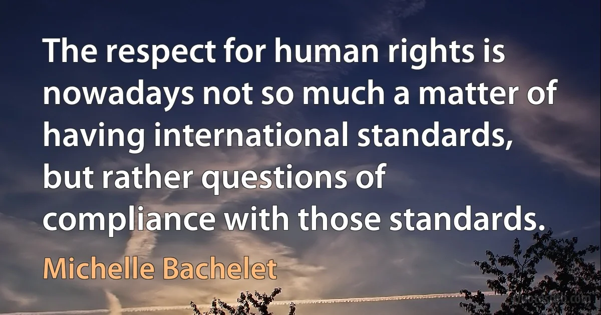 The respect for human rights is nowadays not so much a matter of having international standards, but rather questions of compliance with those standards. (Michelle Bachelet)