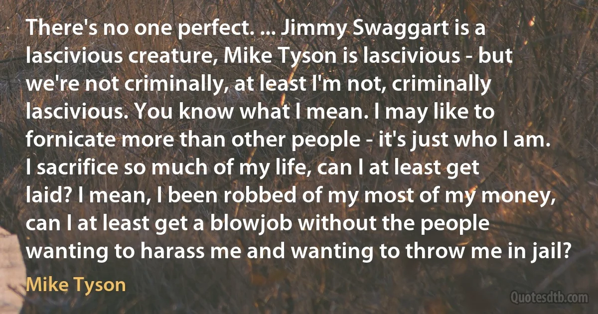 There's no one perfect. ... Jimmy Swaggart is a lascivious creature, Mike Tyson is lascivious - but we're not criminally, at least I'm not, criminally lascivious. You know what I mean. I may like to fornicate more than other people - it's just who I am. I sacrifice so much of my life, can I at least get laid? I mean, I been robbed of my most of my money, can I at least get a blowjob without the people wanting to harass me and wanting to throw me in jail? (Mike Tyson)