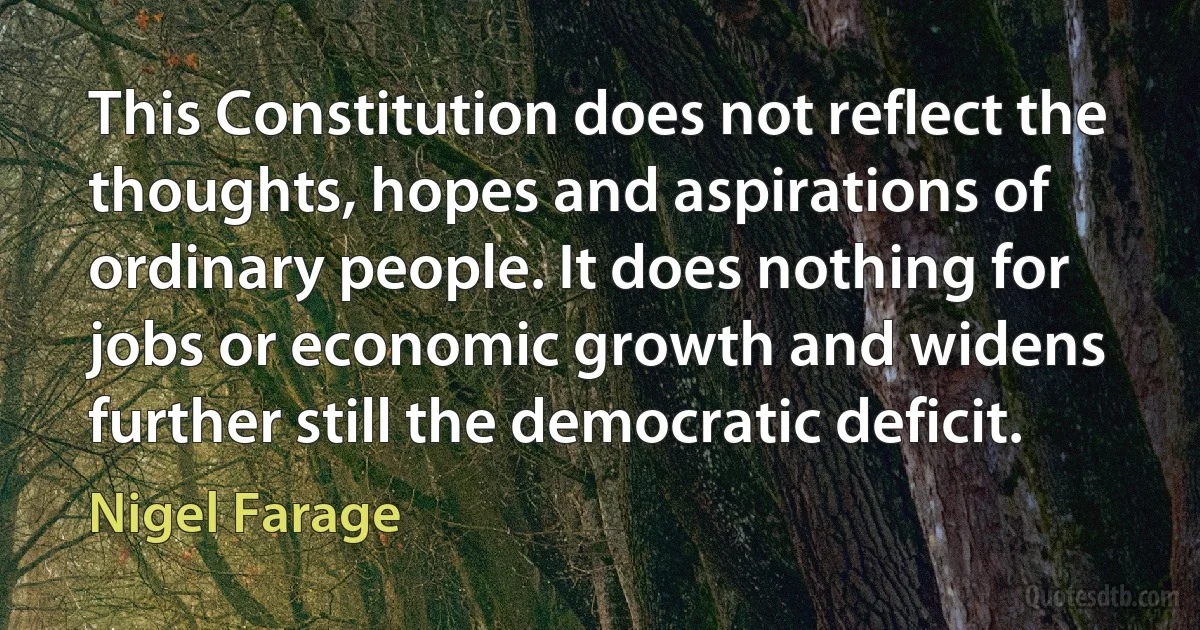 This Constitution does not reflect the thoughts, hopes and aspirations of ordinary people. It does nothing for jobs or economic growth and widens further still the democratic deficit. (Nigel Farage)