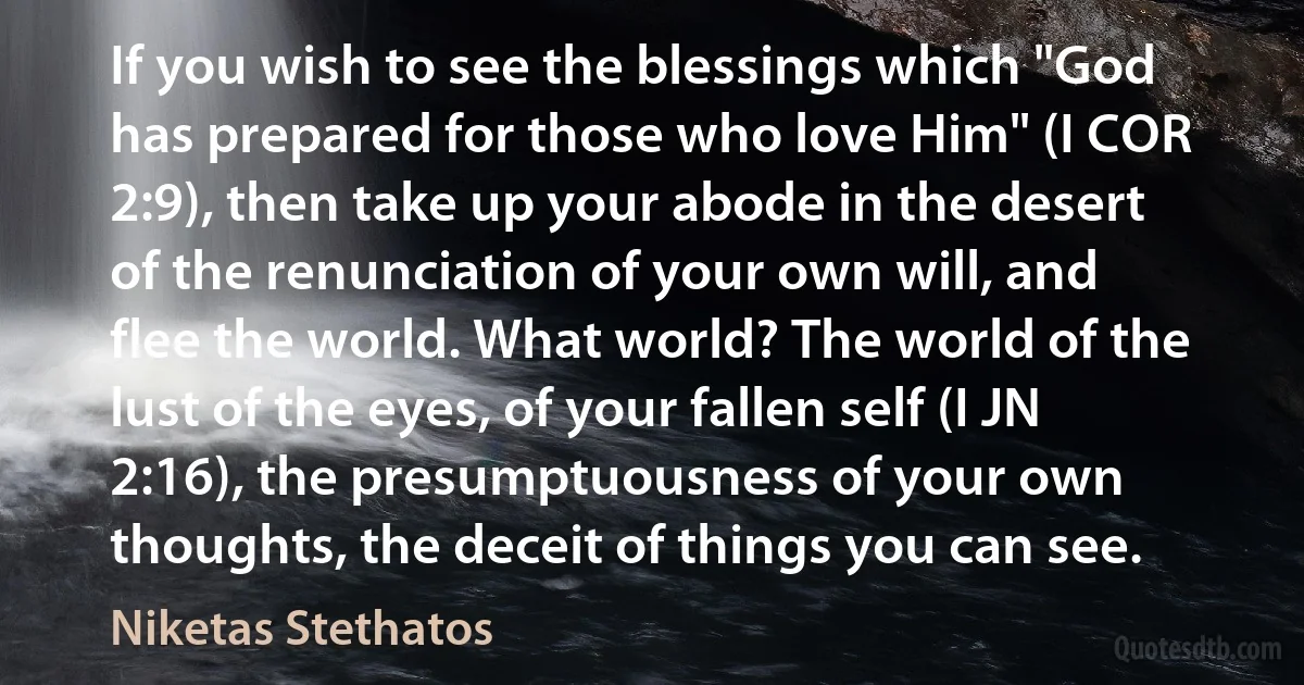 If you wish to see the blessings which "God has prepared for those who love Him" (I COR 2:9), then take up your abode in the desert of the renunciation of your own will, and flee the world. What world? The world of the lust of the eyes, of your fallen self (I JN 2:16), the presumptuousness of your own thoughts, the deceit of things you can see. (Niketas Stethatos)