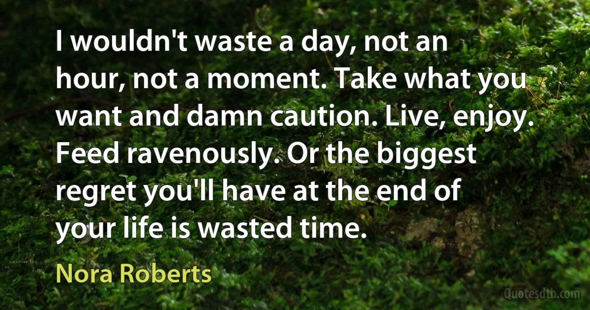 I wouldn't waste a day, not an hour, not a moment. Take what you want and damn caution. Live, enjoy. Feed ravenously. Or the biggest regret you'll have at the end of your life is wasted time. (Nora Roberts)