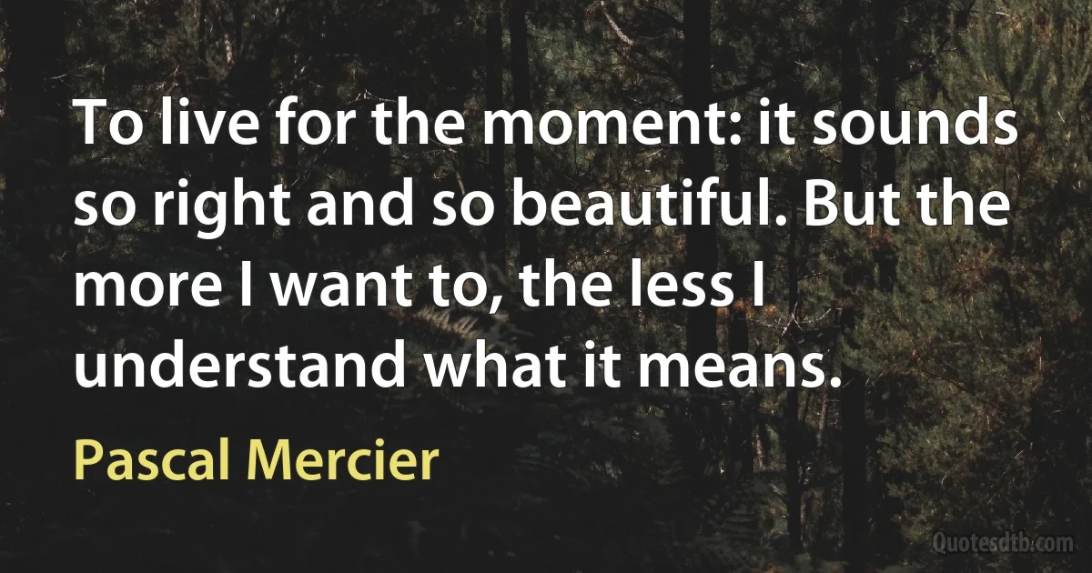 To live for the moment: it sounds so right and so beautiful. But the more I want to, the less I understand what it means. (Pascal Mercier)