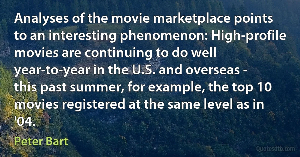 Analyses of the movie marketplace points to an interesting phenomenon: High-profile movies are continuing to do well year-to-year in the U.S. and overseas - this past summer, for example, the top 10 movies registered at the same level as in '04. (Peter Bart)