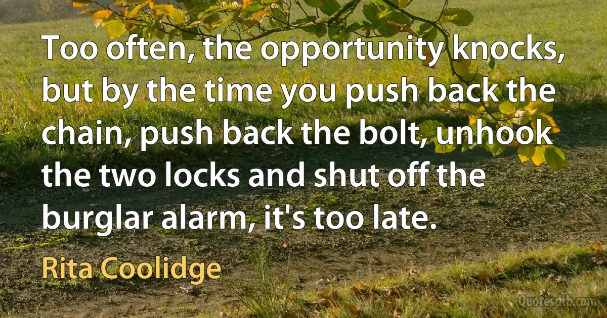 Too often, the opportunity knocks, but by the time you push back the chain, push back the bolt, unhook the two locks and shut off the burglar alarm, it's too late. (Rita Coolidge)