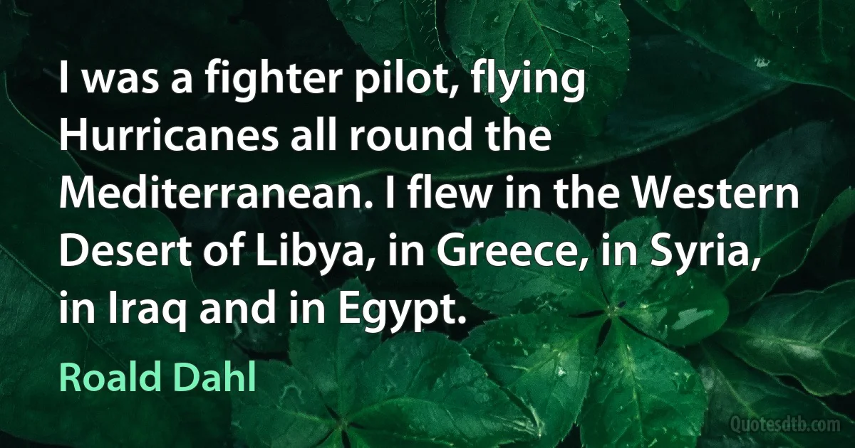 I was a fighter pilot, flying Hurricanes all round the Mediterranean. I flew in the Western Desert of Libya, in Greece, in Syria, in Iraq and in Egypt. (Roald Dahl)