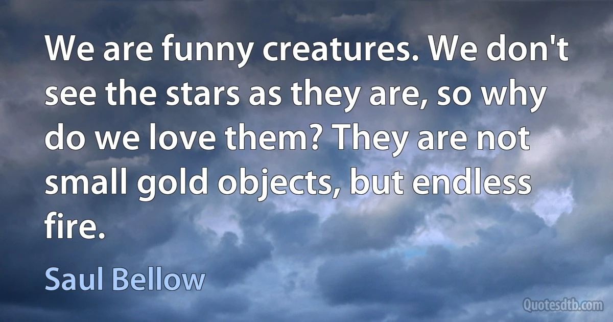 We are funny creatures. We don't see the stars as they are, so why do we love them? They are not small gold objects, but endless fire. (Saul Bellow)