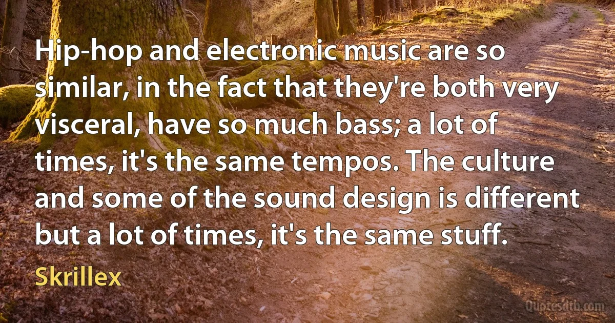 Hip-hop and electronic music are so similar, in the fact that they're both very visceral, have so much bass; a lot of times, it's the same tempos. The culture and some of the sound design is different but a lot of times, it's the same stuff. (Skrillex)