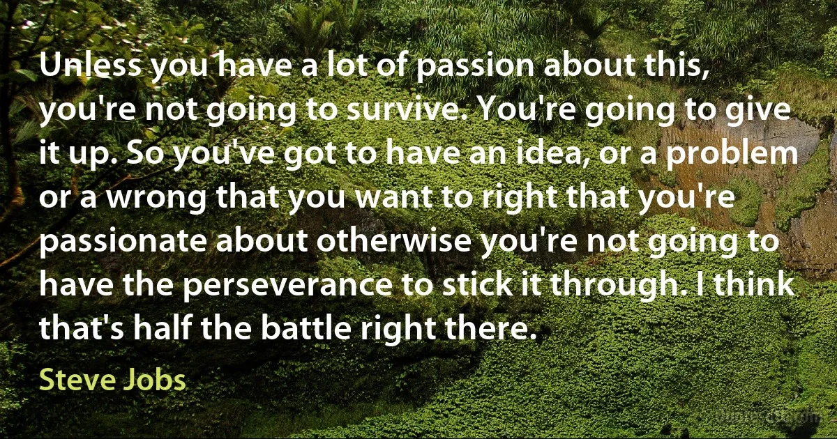 Unless you have a lot of passion about this, you're not going to survive. You're going to give it up. So you've got to have an idea, or a problem or a wrong that you want to right that you're passionate about otherwise you're not going to have the perseverance to stick it through. I think that's half the battle right there. (Steve Jobs)