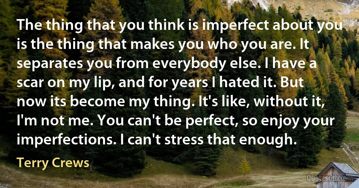 The thing that you think is imperfect about you is the thing that makes you who you are. It separates you from everybody else. I have a scar on my lip, and for years I hated it. But now its become my thing. It's like, without it, I'm not me. You can't be perfect, so enjoy your imperfections. I can't stress that enough. (Terry Crews)