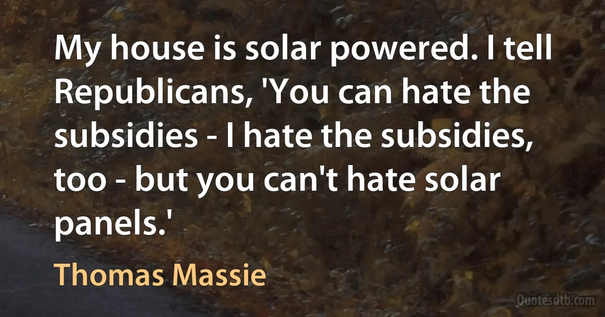 My house is solar powered. I tell Republicans, 'You can hate the subsidies - I hate the subsidies, too - but you can't hate solar panels.' (Thomas Massie)