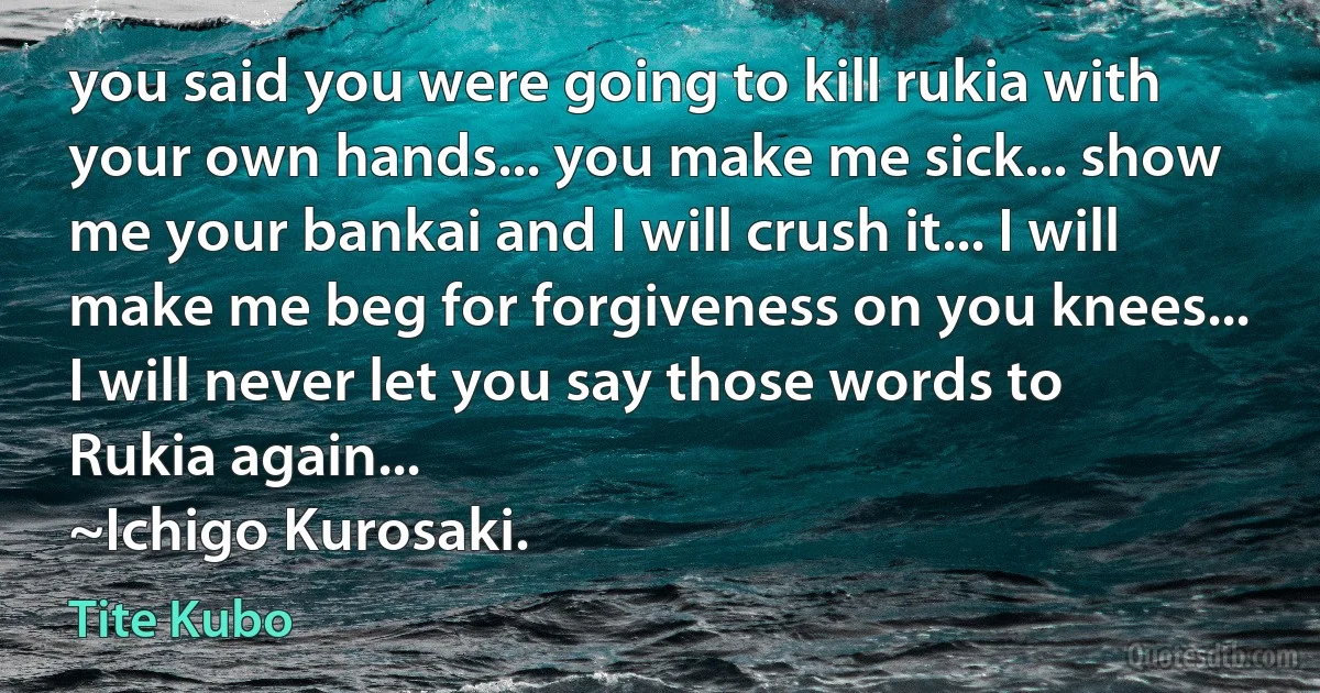 you said you were going to kill rukia with your own hands... you make me sick... show me your bankai and I will crush it... I will make me beg for forgiveness on you knees... I will never let you say those words to Rukia again...
~Ichigo Kurosaki. (Tite Kubo)