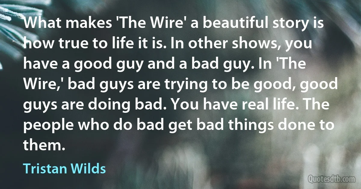 What makes 'The Wire' a beautiful story is how true to life it is. In other shows, you have a good guy and a bad guy. In 'The Wire,' bad guys are trying to be good, good guys are doing bad. You have real life. The people who do bad get bad things done to them. (Tristan Wilds)