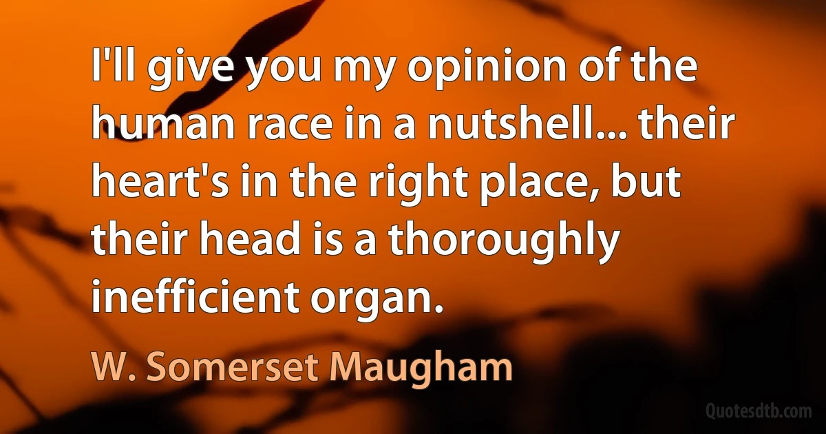 I'll give you my opinion of the human race in a nutshell... their heart's in the right place, but their head is a thoroughly inefficient organ. (W. Somerset Maugham)