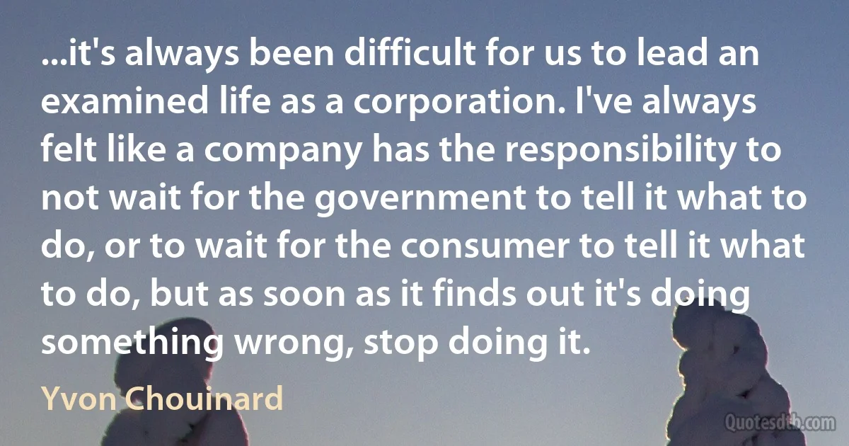 ...it's always been difficult for us to lead an examined life as a corporation. I've always felt like a company has the responsibility to not wait for the government to tell it what to do, or to wait for the consumer to tell it what to do, but as soon as it finds out it's doing something wrong, stop doing it. (Yvon Chouinard)