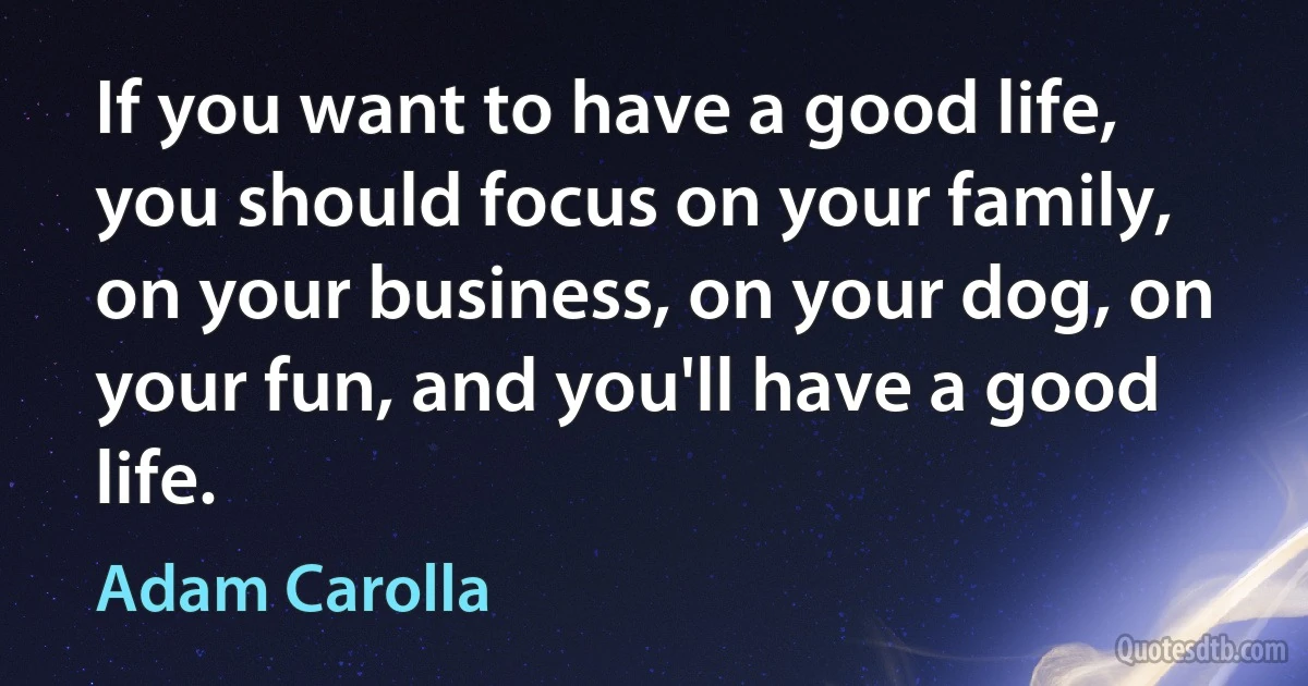 If you want to have a good life, you should focus on your family, on your business, on your dog, on your fun, and you'll have a good life. (Adam Carolla)