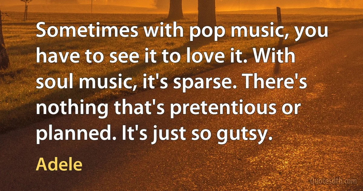 Sometimes with pop music, you have to see it to love it. With soul music, it's sparse. There's nothing that's pretentious or planned. It's just so gutsy. (Adele)