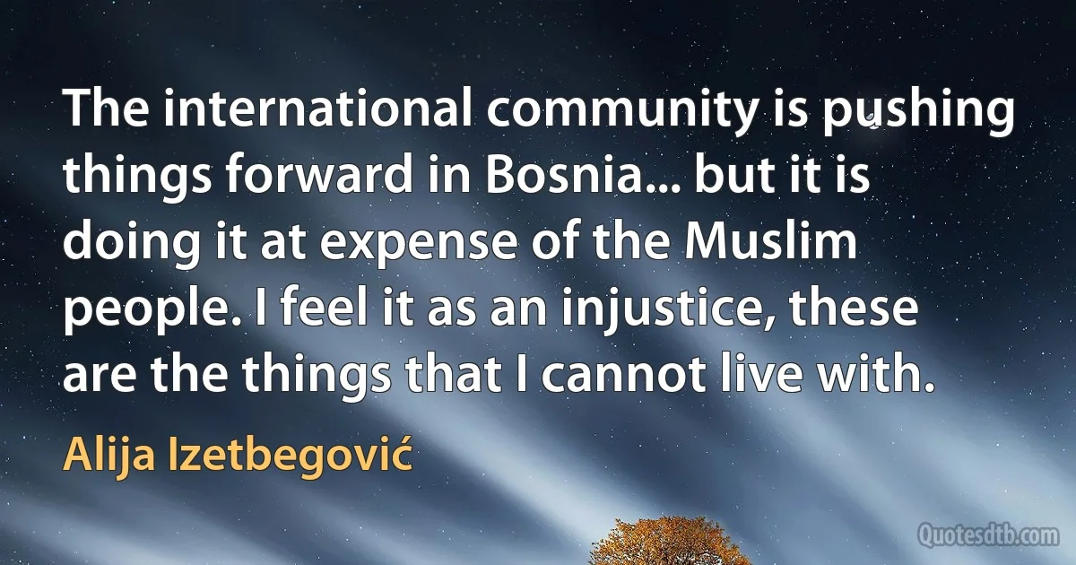 The international community is pushing things forward in Bosnia... but it is doing it at expense of the Muslim people. I feel it as an injustice, these are the things that I cannot live with. (Alija Izetbegović)