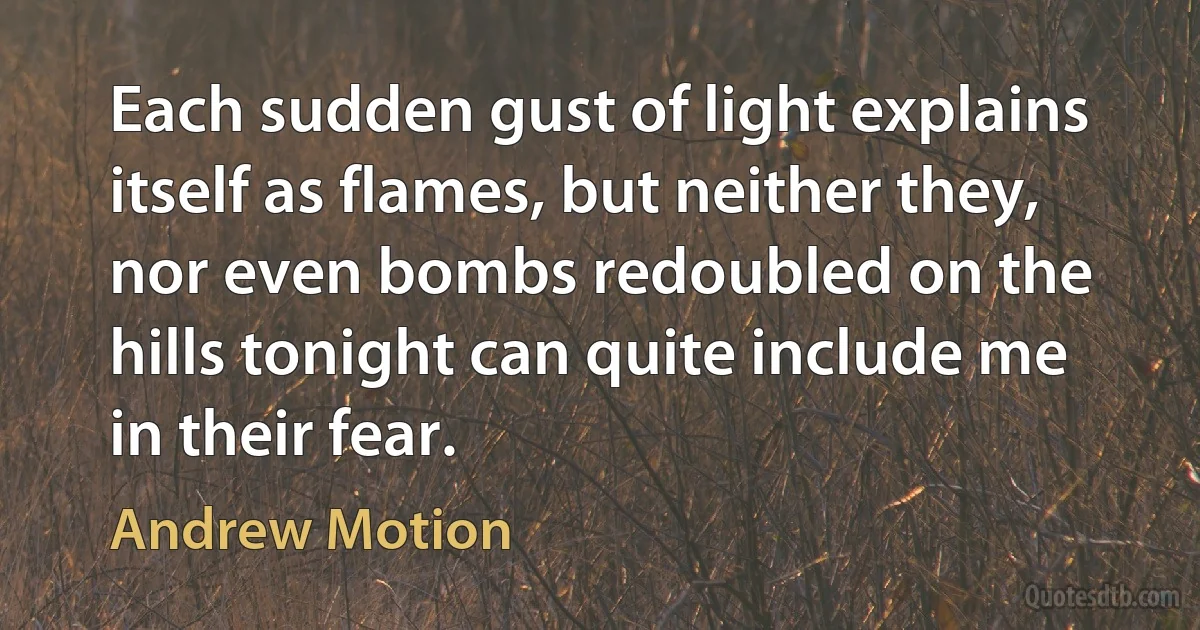 Each sudden gust of light explains itself as flames, but neither they, nor even bombs redoubled on the hills tonight can quite include me in their fear. (Andrew Motion)