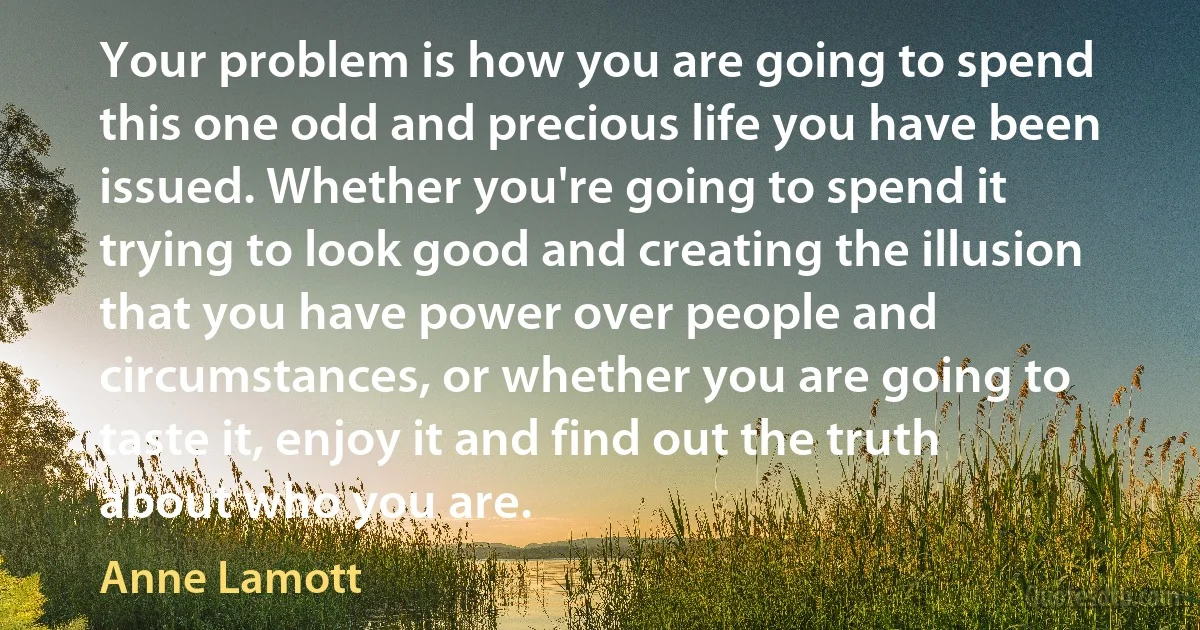 Your problem is how you are going to spend this one odd and precious life you have been issued. Whether you're going to spend it trying to look good and creating the illusion that you have power over people and circumstances, or whether you are going to taste it, enjoy it and find out the truth about who you are. (Anne Lamott)