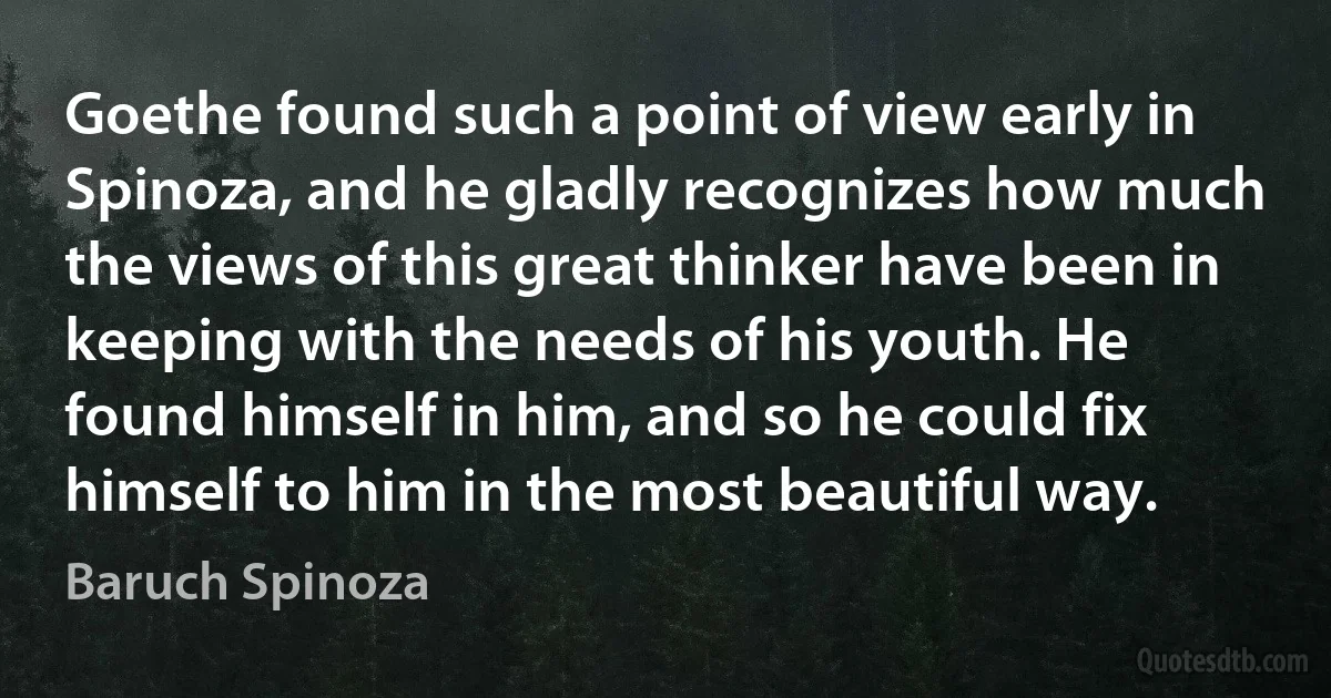 Goethe found such a point of view early in Spinoza, and he gladly recognizes how much the views of this great thinker have been in keeping with the needs of his youth. He found himself in him, and so he could fix himself to him in the most beautiful way. (Baruch Spinoza)