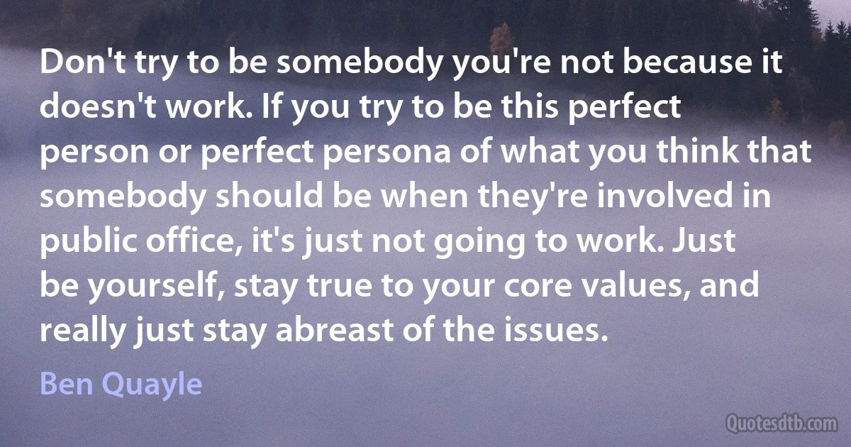 Don't try to be somebody you're not because it doesn't work. If you try to be this perfect person or perfect persona of what you think that somebody should be when they're involved in public office, it's just not going to work. Just be yourself, stay true to your core values, and really just stay abreast of the issues. (Ben Quayle)