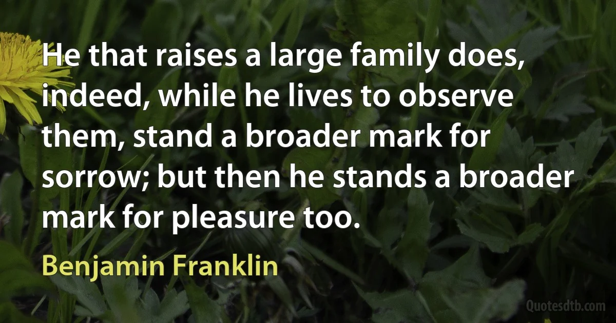 He that raises a large family does, indeed, while he lives to observe them, stand a broader mark for sorrow; but then he stands a broader mark for pleasure too. (Benjamin Franklin)