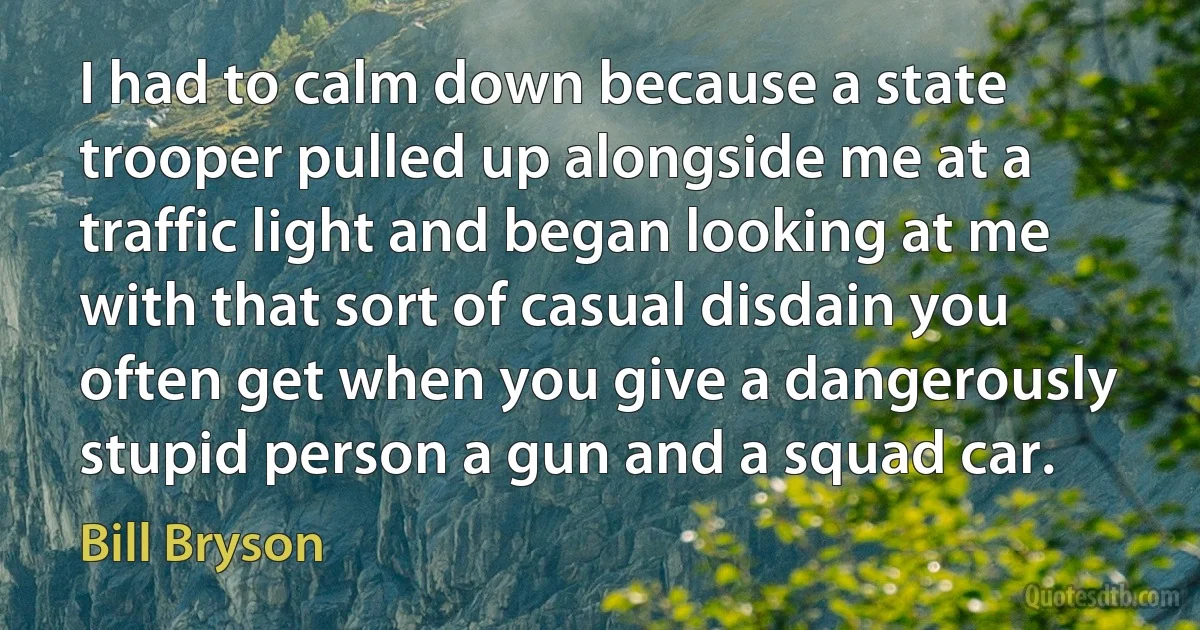 I had to calm down because a state trooper pulled up alongside me at a traffic light and began looking at me with that sort of casual disdain you often get when you give a dangerously stupid person a gun and a squad car. (Bill Bryson)