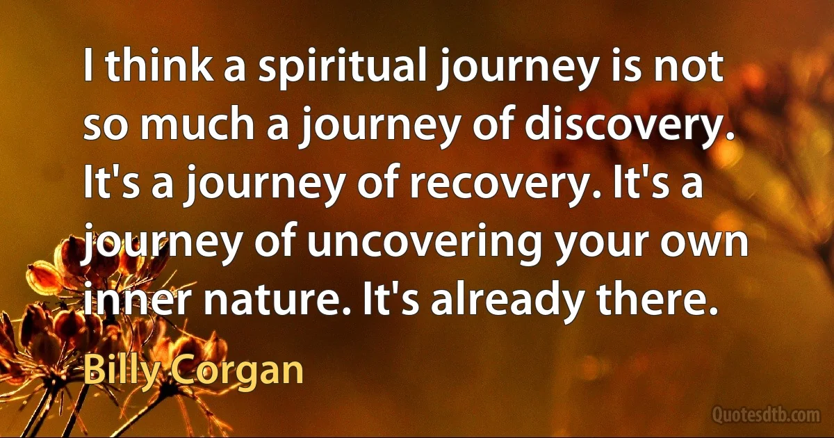 I think a spiritual journey is not so much a journey of discovery. It's a journey of recovery. It's a journey of uncovering your own inner nature. It's already there. (Billy Corgan)