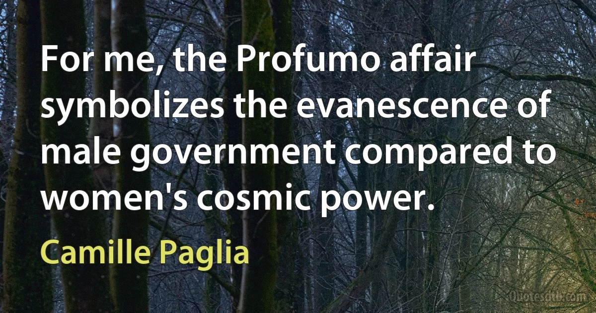 For me, the Profumo affair symbolizes the evanescence of male government compared to women's cosmic power. (Camille Paglia)