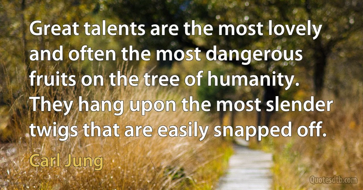 Great talents are the most lovely and often the most dangerous fruits on the tree of humanity. They hang upon the most slender twigs that are easily snapped off. (Carl Jung)