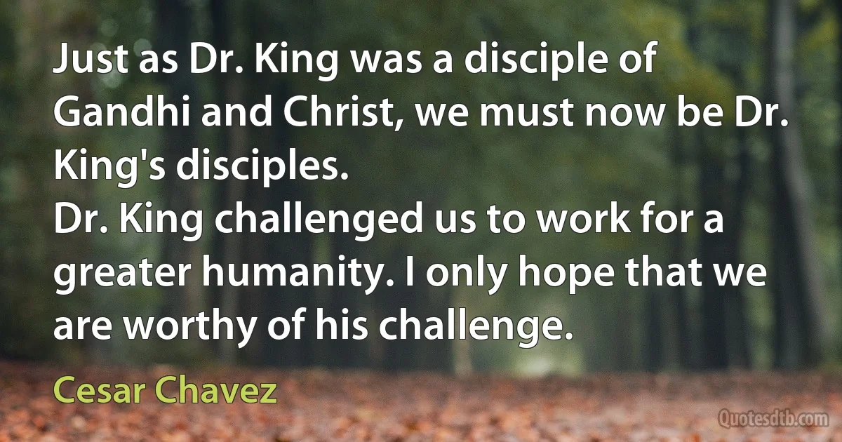 Just as Dr. King was a disciple of Gandhi and Christ, we must now be Dr. King's disciples.
Dr. King challenged us to work for a greater humanity. I only hope that we are worthy of his challenge. (Cesar Chavez)