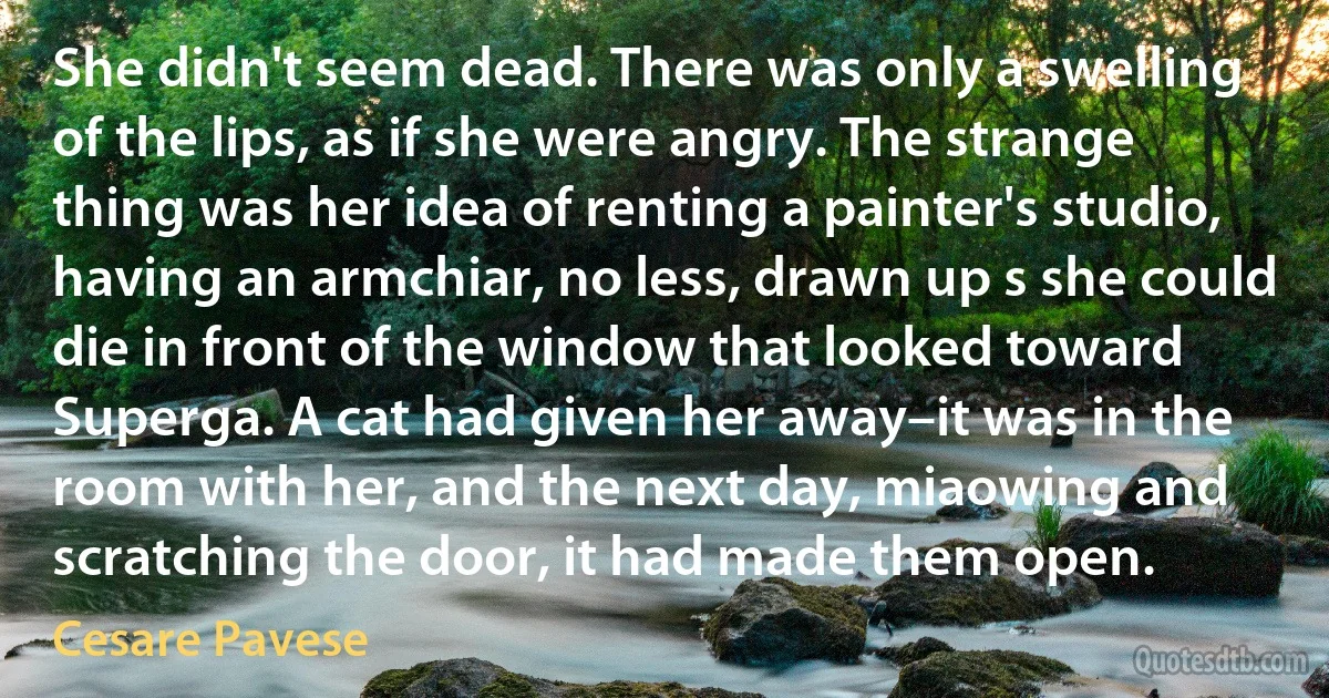 She didn't seem dead. There was only a swelling of the lips, as if she were angry. The strange thing was her idea of renting a painter's studio, having an armchiar, no less, drawn up s she could die in front of the window that looked toward Superga. A cat had given her away–it was in the room with her, and the next day, miaowing and scratching the door, it had made them open. (Cesare Pavese)