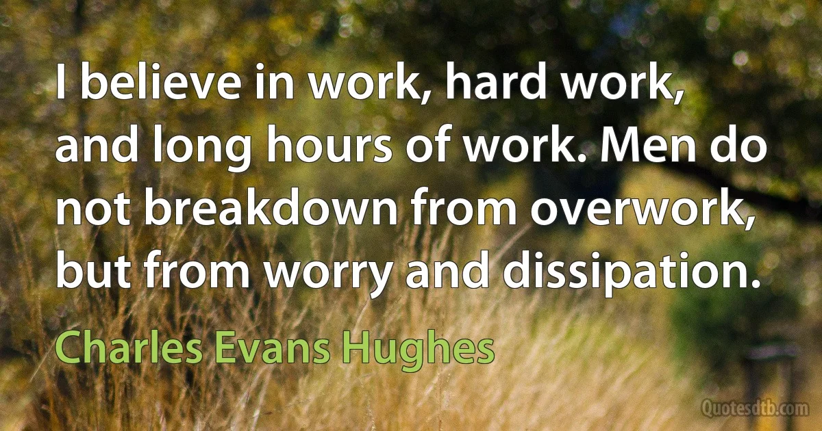 I believe in work, hard work, and long hours of work. Men do not breakdown from overwork, but from worry and dissipation. (Charles Evans Hughes)