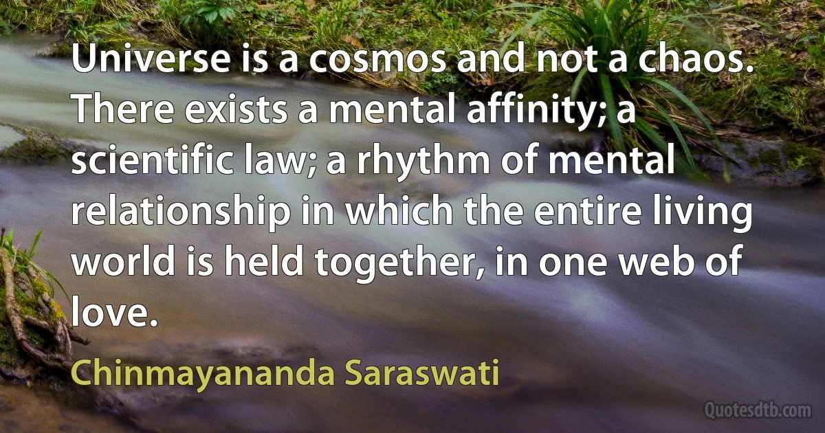 Universe is a cosmos and not a chaos. There exists a mental affinity; a scientific law; a rhythm of mental relationship in which the entire living world is held together, in one web of love. (Chinmayananda Saraswati)