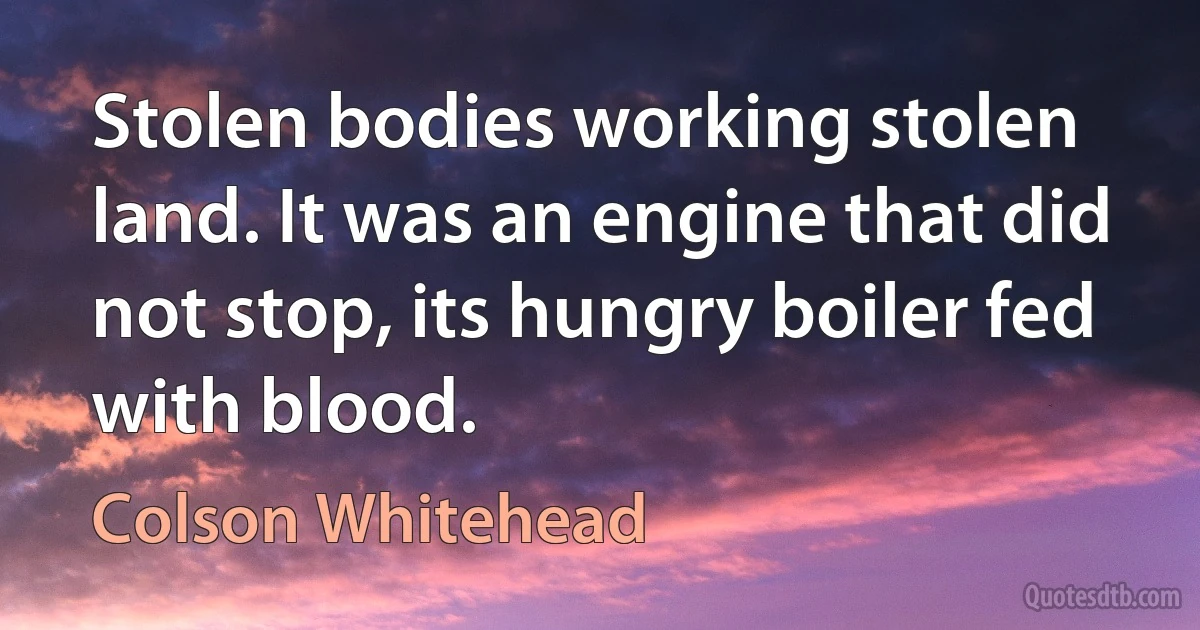 Stolen bodies working stolen land. It was an engine that did not stop, its hungry boiler fed with blood. (Colson Whitehead)