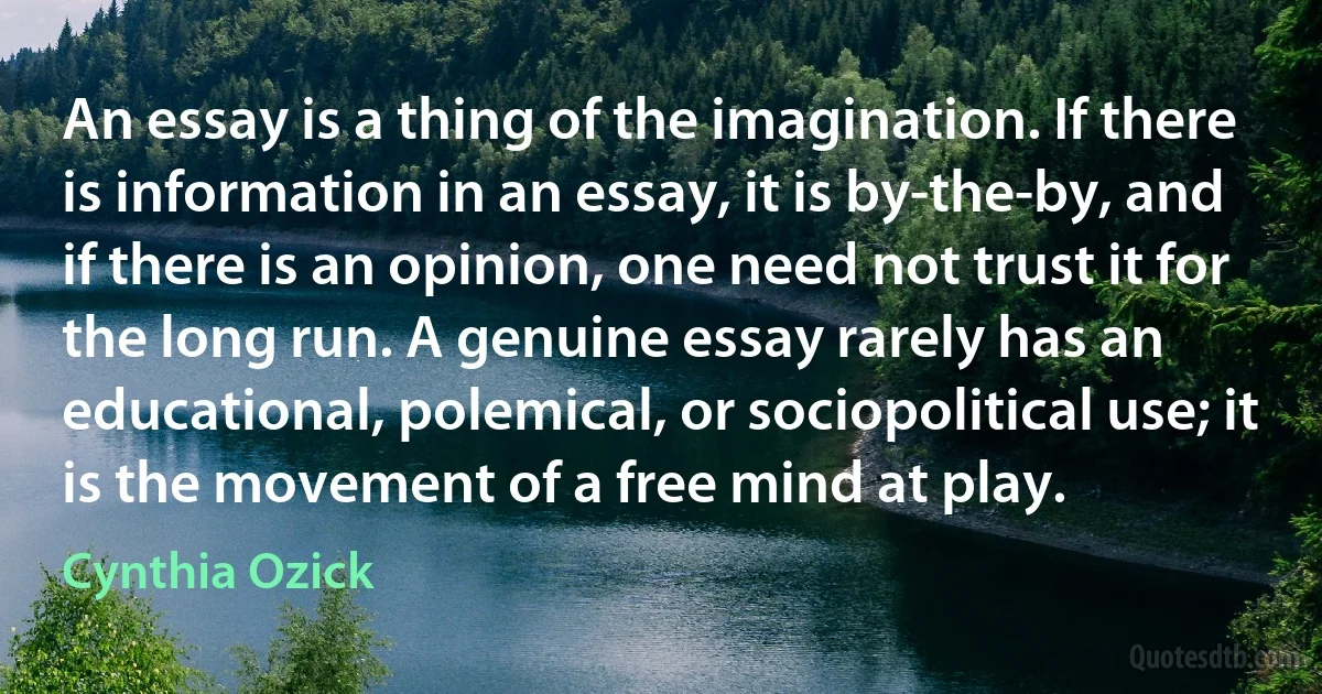 An essay is a thing of the imagination. If there is information in an essay, it is by-the-by, and if there is an opinion, one need not trust it for the long run. A genuine essay rarely has an educational, polemical, or sociopolitical use; it is the movement of a free mind at play. (Cynthia Ozick)