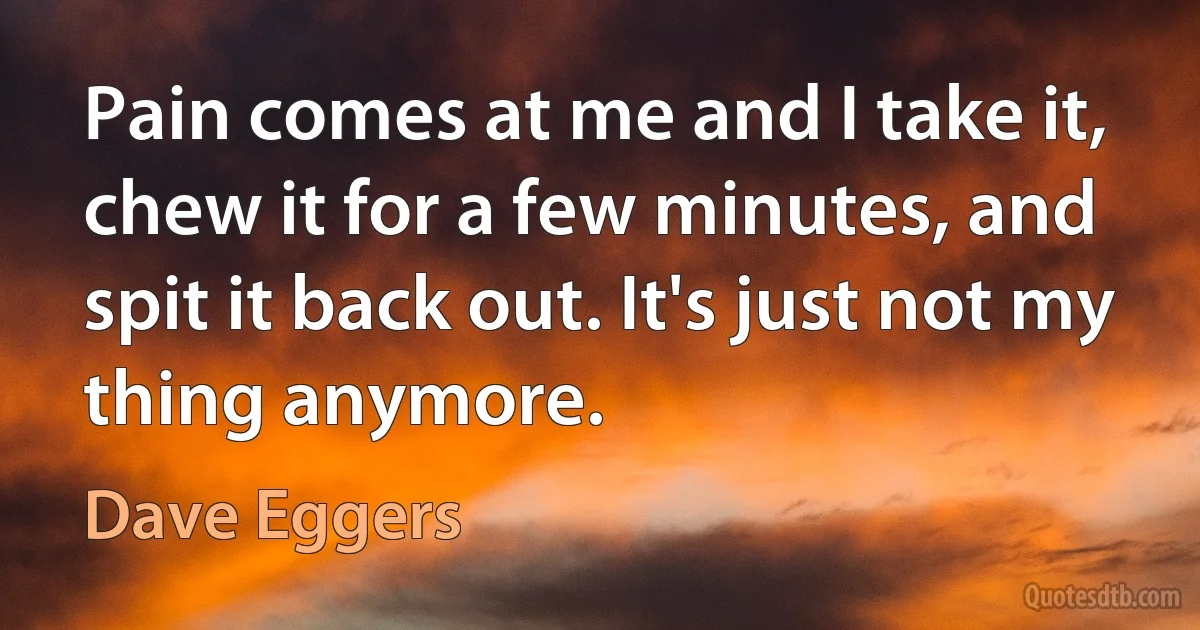 Pain comes at me and I take it, chew it for a few minutes, and spit it back out. It's just not my thing anymore. (Dave Eggers)