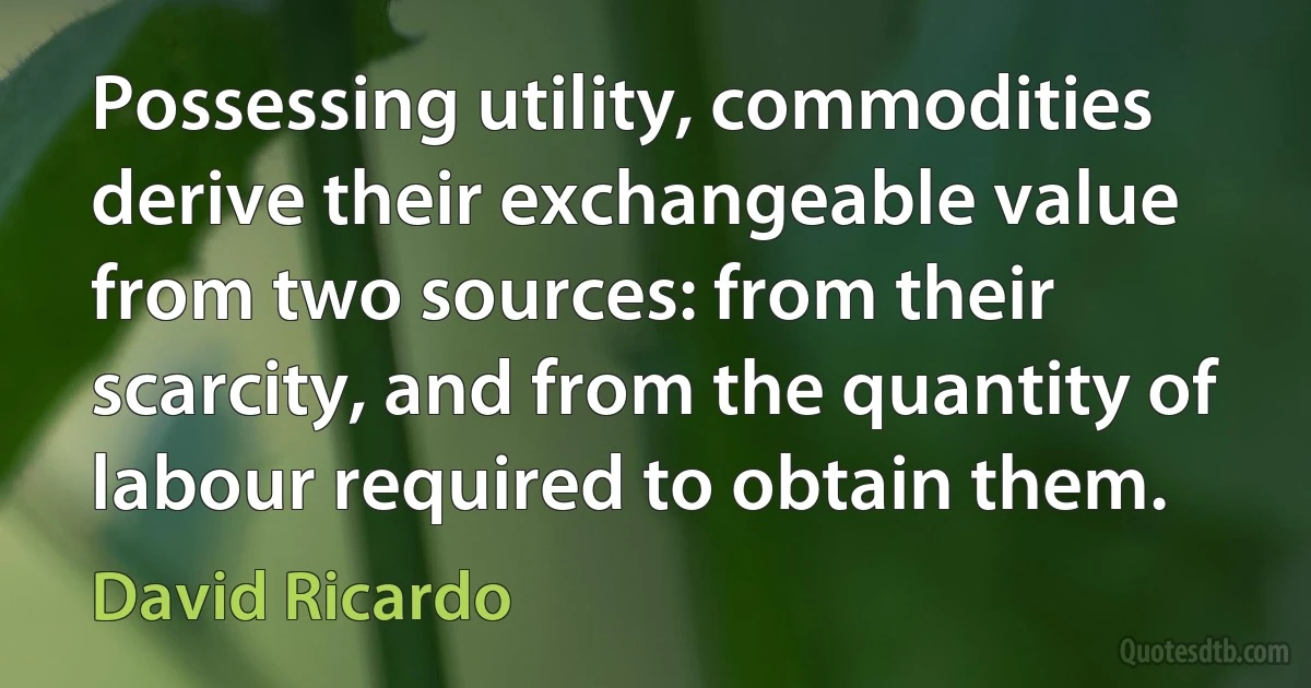 Possessing utility, commodities derive their exchangeable value from two sources: from their scarcity, and from the quantity of labour required to obtain them. (David Ricardo)